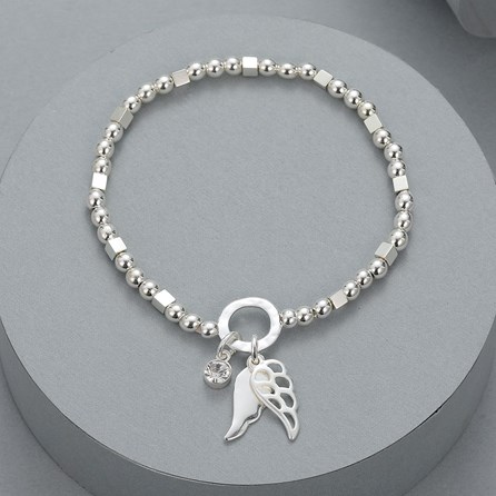 Round and Square Bead Bracelet with Angel Wings and Stone Charm Round and Square Bead Bracelet with Angel Wings and Stone Charm